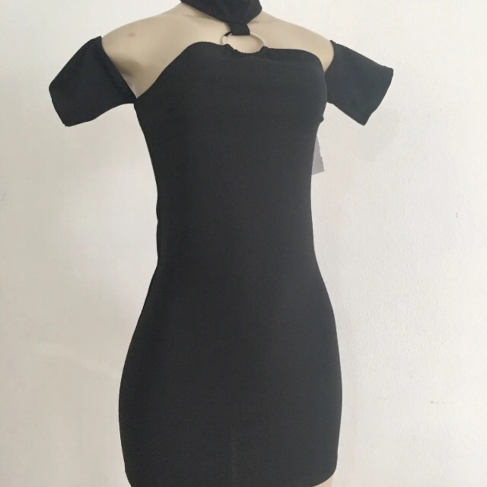 Blue Bush Bodycon Black Mini Dress Halter Stretchy